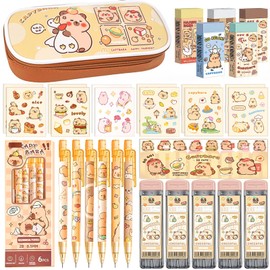 Daphilly Cute Kawaii Capybara School Supplies,Capybara Mechanical Pencil Set Birthday Gifts,Includes Mechanical Pencils,Lead Refills,Erasers,Capybara Stickers,Pencil Holder,for Office School Supplies