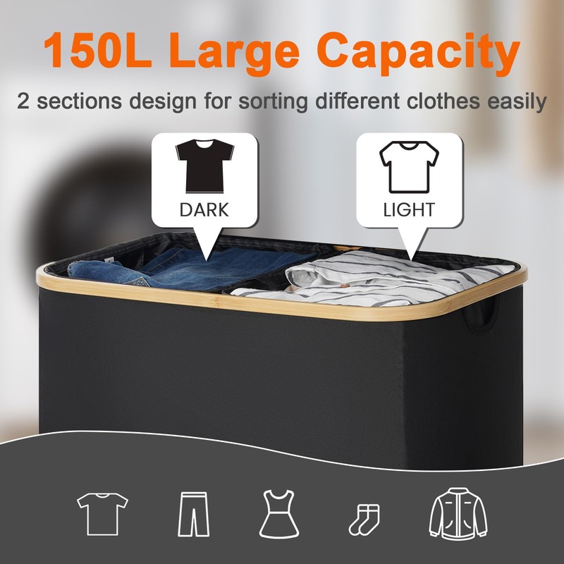 GARPROVM Double Laundry Hamper with Lid 150L Large Laundry Basket