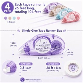 Cinta adhesiva para álbumes de recortes, 4 unidades, rodillo de cinta de doble cara para manualidades, cinta de 26 pies x 0.31 pulgadas, suministros d