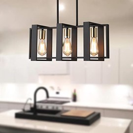 23.6" Island Lighting,3 Lights Dining Room Chandelier, Linear Kitchen Island Lighting for Pool Table Living Room, Foyer Hallway,E26, Black Wood Frame