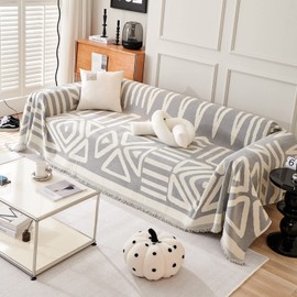 DREAMINGO Beige Gray Sofa Covers for 3 Cushion Couch Boho Geometric Furniture Protector 3 Seat Sofa Covers Reversible Chenille Couch Cover for Dogs Sectional L Shape Couch Slipcover, 71"x134"