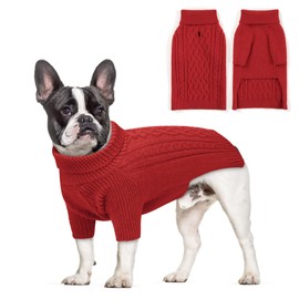 WOYYHO Long Sleeves Dog Sweater with Leash Hole,Classic Turtleneck Knitwear for Dog,Cold Weather Thick Warm Cable Sweater for Bulldog Dachshund Pug (Red,S)