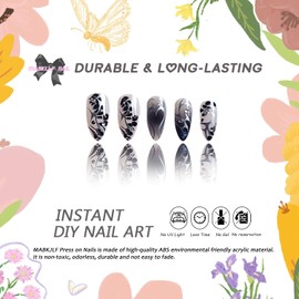 Press on Nails Medium Almond MABKJLF Punk Style Fake Nails Full Cover Gradient False Nails with Sliver Line Designs Steel Ball Glossy Glue on Nails Acrylic Nails Artificial Nails for Girls 24Pcs