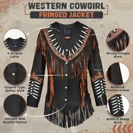 Quality Supply Women Traditional 100% Genuine Cowhide leather Western Cowgirl Jacket | Native American Coat with Beads Fringe (as1, alpha, xx_l, regular, regular, Black & Brown)