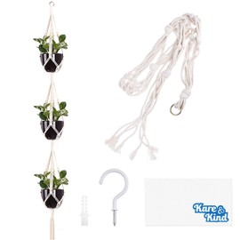 Colgador de Plantas de Macramé 3 Niveles Kare & Kind - Incluye un Gancho, Perno de Expansión, Paño de Limpieza - Soga de Algodón - Para Macetas y Colgar Plantas - Para Utilizarlo en Interiores