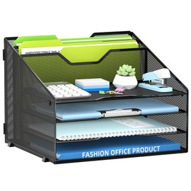 SUPEASY Organizador de archivos de escritorio, organizador de bandeja de papel de malla con 4 bandejas de letras y 2 soportes verticales para archivos