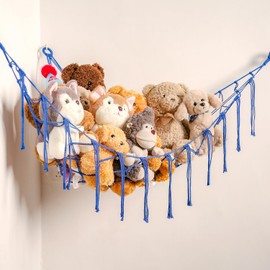 YKBU Stuffed Animals Hammock Corner Hanging Net for Macrame Stuffed Animal Storage Plush Toy Holder Toy Organizer for Boho Nursery Playroom Bedroom Kids Room Decor (blue, Large)