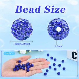 180pcs 10mm Rhinestone Clay Beads for Jewelry Making, Blue Crystal Round Disco Ball AAA+ Grade Beads Bulk, Sparkly Diamond Bling Baseball Beads for Necklace Bracelet Earring DIY Supplies