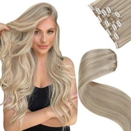 LaaVoo Clip-In Blonde Extensions, Double Wefts, Real Hair Clip-In Hair Extensions, Highlight Blonde, Golden Blonde, Medium Blonde, Remy Real Hair Clip-In Extensions, 80 g, 5 Pieces, #16/22, 55 cm