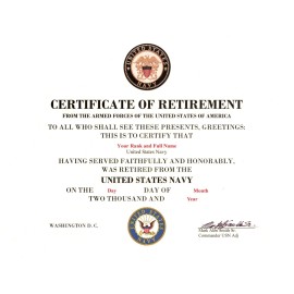 United States Navy Retirement replacement certificate