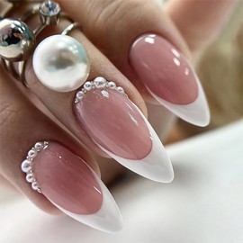 Mkwntg White French Tip Press on Nails Medium Almond Fake Nails Glossy False Nails Kits with Pearl Designs Nude Acrylic Nails Natural White French Acrylic Nails for Women Girls Nail Decorations 24Pcs