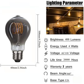Edearkar A19 Vintage Edison Filament Light Bulb, Warm White Antique Flexible Spiral LED Filament Light Bulb, E26 Base Smoky Grey Glass Finishing, Dimmable Chandelier Vintage Fixture (4 Pack)
