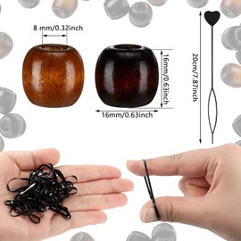 663 Pieces Wooden Hair Beads Set Including 160 Barrel Wood Beads European Wood Loose Beads, 500 Black Elastic Hair Bands with 3 Quick Beader (Light Brown, Brown,0.63 x 0.63 x 0.32 Inch)