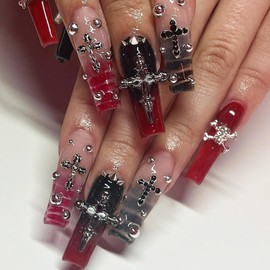 BABALAL Square Press on Nails Long Fake Nails Black Red Glue on Nails Metallic Skull Cross Charm Goth Acrylic Nails Luxury False Nails Manicure Y2k Stick on Nails 24Pcs Squoval Artificial Nails