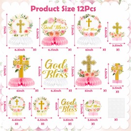 ANGOLIO 12Pcs Floral God Bless Decorations First Communion Honeycomb Centerpiece Double Sided Table Toppers for Baby Girl Baptism Party Decor Christening Celebration Religious Photo Props Decor Girls