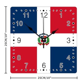 Square Wood Wall Clocks Dominican Republic National Flag Wooden Arabic Numerals Clock Silent Non-Ticking Battery Operated Large Clocks for Living Room Bedroom Cottage Wall Decoration 10x10in