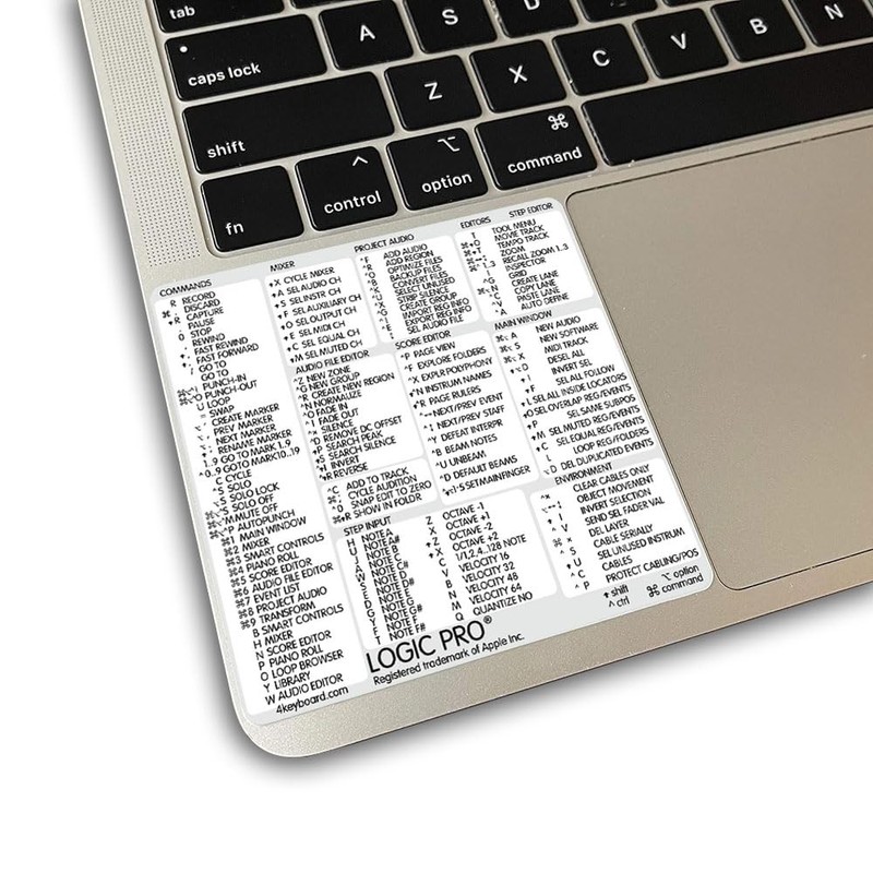 Logic Pro Reference Keyboard Hotkeys Decals for Mac OS Black,