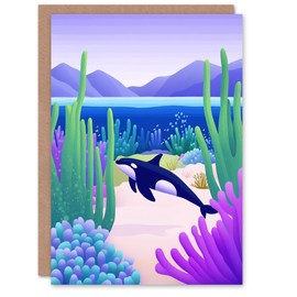 Artery8 Greeting Card Orca Whale Coastal Coral Reef Underwater Scene Blank For Him Or Her Art Birthday Card