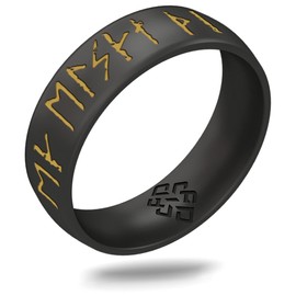 Knot Theory Viking Silicone Ring - I Love You in Rune Characters with Gold Inlay - Dark Silver Size 11 6mm Breathable Comfort Fit - Valentine's Engagement Wedding Band