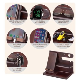 Organizador para Celular,Relojes,Llaves,Cartera,Accesorios para Hombre,Base de Celular para la Oficina y el Hogar, Organizador de Escritorio Orificio de Carga,Regalo para Papá (Marrón)
