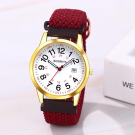 JewelryWe Unisex Braided Elastic Watch: 24-Hour Format Easy-to-Read Calendar Dial Quartz Wristwatch Red Strap with Gold Case