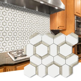 STICKGOO 10 Sheets Peel and Stick Backsplash, White PVC Mixed Metal Light Gold Kitchen Backsplash Stick on Backsplash Mosaic Tile for Fireplace, RV, 12x12inch