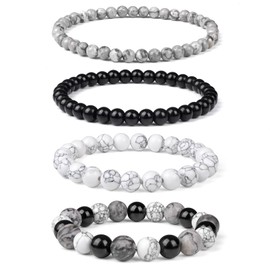 Vinswet 4pcs Natural Stone Beaded Bracelets for Women Men,Healing Crystal Gemstones Stretch Bracelet,4mm 6mm 8mm 10mm Black agate Map stone White turquoise Anxiety Stress Relief Bracelet Jewelry Gifts