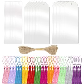 79 Pieces Acrylic Blank Bookmark Set, BetterJonny 30 Pieces Clear Craft Bookmark with 48 Pieces Tassels and 5m Ropes 3 Shapes Unfinished Book Marker Tags for DIY Classroom Projects and Present Tags