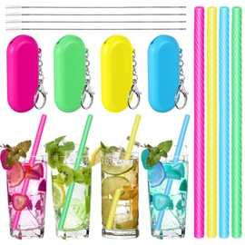 Meanplan 4 Sets Silicone Straws with Case Reusable Straws Silicone Foldable Portable Drinking Straw Set for Party Cold or Hot Straw with Carry Case, Cleaning Brushes 7 5/7 Inch Long (Neon Colors)