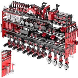 Organizador de herramientas eléctricas de montaje en pared, estante de almacenamiento para taladro inalámbrico con soporte para 8 taladros, estante de herramientas de 4 capas de metal pesado