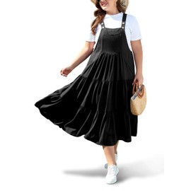 Moon Wood Plus Size Bib Overall Dress for Women Jumper Dress with Pockets Summer Casual Suspender Straps Tiered Maxi Dress, Black, 3X-Large Plus