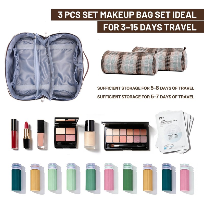 BOYATU Travel Makeup Bag for Women: Scottish Plaid 3 Pcs