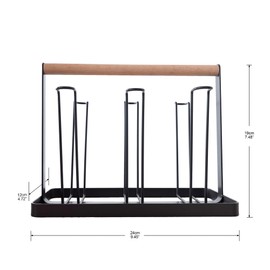 HAOYIJIA Cup Drying Rack, Non-Slip Beer Glasses Rack with Wood Handle, Metal Mugs Cups Organizer with Removable Draining Tray, Drainer Holder Rack Bottle Drying Rack Stand with 6 Hooks, Black