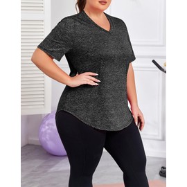ForHailey Plus Size Workout Tops for Women Short Sleeves Shirts V Neck Summer Top U Hem Activewear Grey 3X-Large