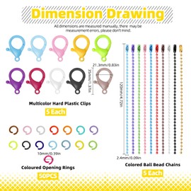 Mardatt 150Pcs 10Colors Plastic Lobster Claw Clasps Kit, Include 1.37” Lobster Claw Clip Keychain Clasps, 4.72” Ball Bead Chain, 0.39” Open Jump Rings for DIY Crafts