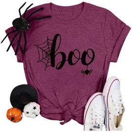 Comfy T Shirts for Women Loose Fit Graphic T Shirts for Women Funny Trendy Loose Fit Ghost Spider Web Graphic Tee Tops Letter Print Tops for Women (Purple L)