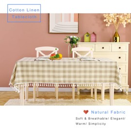 KAYSUN Plaid Tablecloth, Square Tassel Checkered Table Cloth 55''x55'' Khaki, Cotton Linen Table Cover for Kitchen Dining Restaurant Farmhouse