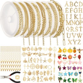 Quelay 8 Rolls 26.2 Feet Gold Chains for Jewelry Making DIY Necklace Bracelet Chains Bulk with 106 Bracelet Charms 350 Jump Rings 80 Lobster Clasps Jump Ring Opener Matching Pliers Accessories