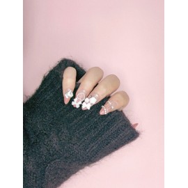 Peach Garden Ribbon Handmade Nail Tips - Short Square / 피치 가든 리본 수제네일팁 - 숏스퀘어