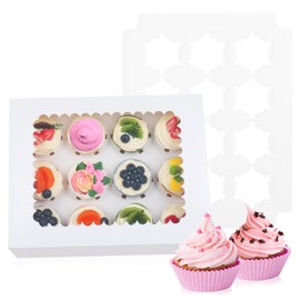 VZKOO 30 Pack Cupcake Boxes,12 Count Standard Foodgrade Cupcake Holders,Easy Storing & Presentation with Window & Inset,Suitable for Weddings,Children Showers,Birthdays,Graduations,Parties (White)