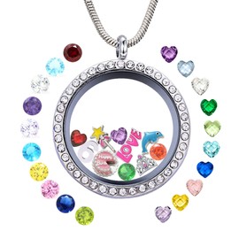 Birthday Gifts, Birthstones Necklace Living Memory Floating Charms Locket Diy Round 30mm Stainless Steel Pendant