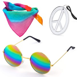 Beelittle Hippie Costume Set - 60's Style Circle Glasses Peace Sign Necklace Hippie Headband 60s Party Accessory Kit (A)