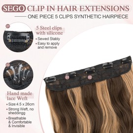 SEGO 20 Inch One Piece Clip In Hair Extensions Long Wavy Synthetic Clip In Hairpiece With 5 Secure Clips, Caramel & Golden Highlights