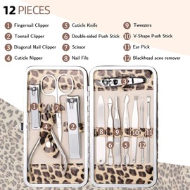 Manicure Kit, FAMILIFE 12pcs Nail Clippers Set Stainless Steel Multipurpose Kit Grooming Tools Kits with Leopard Print Case