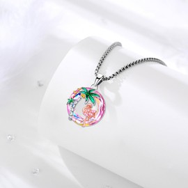 LOOVE Animal Necklace Sterling Silver Flamingo Necklace Crystal Circle Necklace Pink Flamingo Pendant Hawaiian Palm Tree Necklaces for Women Pink Bird Necklace Crystal Flamingo Jewelry