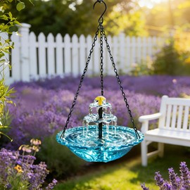 Lewisia 3-Tier Solar Cascade Hanging Bird Bath Fountain with Water Pump & Blue Bowl Attract Wild Birds Humming Birds