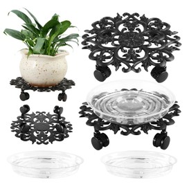 DEELF OUTLET 2 Packs 11.6 Inches Large Metal Plant Caddy with PU Wheels Planter Dolly Pot Mover Rollers for Patio Wrought Iron Rolling Flower Stands Indoor Outdoor Plant Holder Coaster Trolley, Black