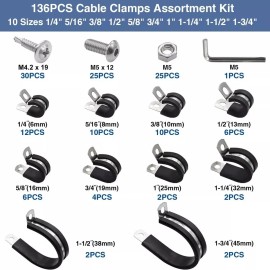 Taiss 136PCS Cable Clamps Assortment Kit,10 Sizes 304 Stainless Steel Rubber Cushion