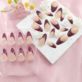 Nails Press ons Almond Press on Nails Medium Fake Nails with Red French Tip Hearts Design Pearls Glue on Nails Nude Full Cover False Nails Stick on Nails for Women 24Pcs