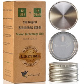 EcoPeaceful 316 Surgical Stainless Steel Mason Jar Lids WIDE Mouth - Rust-proof, Airtight, Leak-proof, BPA-Free, PVC-free, Vegan, Reusable - Not for Canning